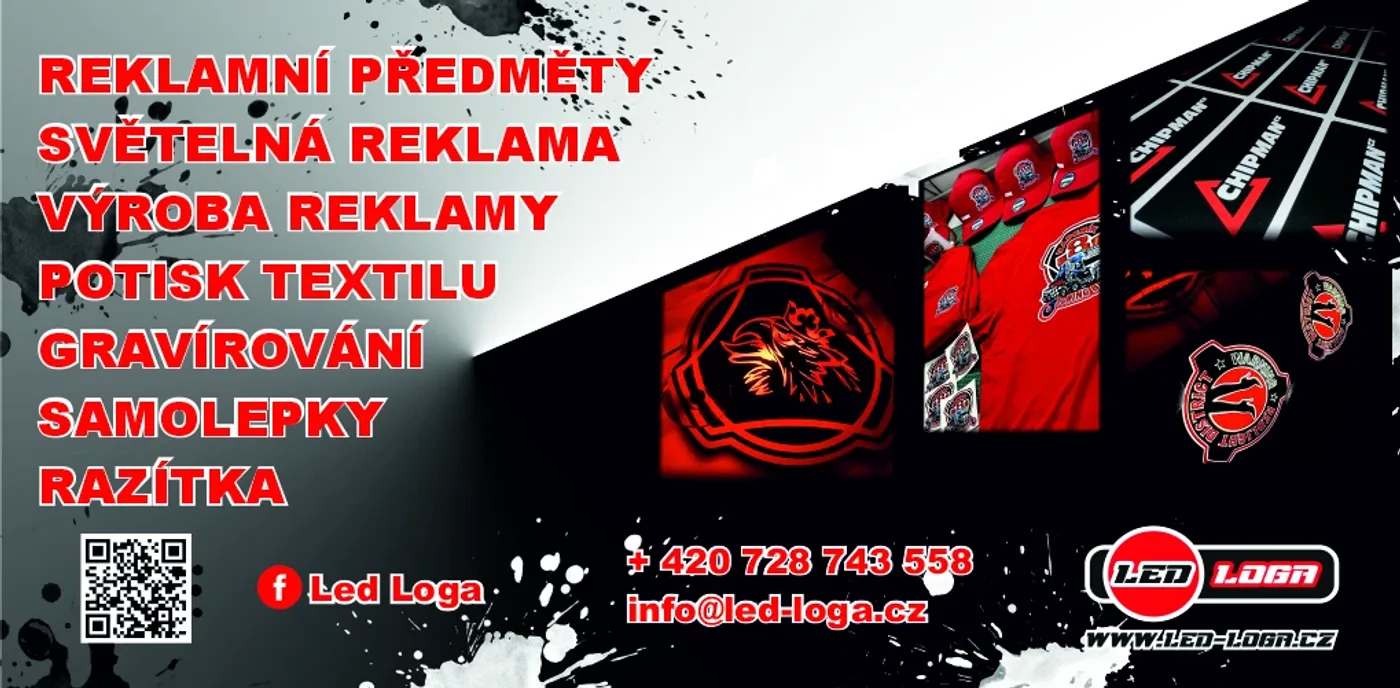 Leták Led Loga — reklamní předměty, světelná reklama, výroba reklamy, potisk textilu, gravírování, samolepky, razítka · +420 728 743 558 · info@led-loga.cz